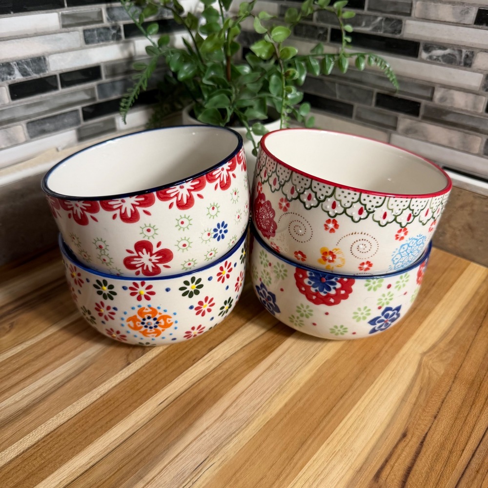Signature Housewares Stoneware Floral Cereal Bowls Set of 4 Multi Color Pattern